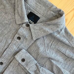 Prana Mens XL Organic Cotton Herringbone Button Down Shirt Grey Long Sleeve